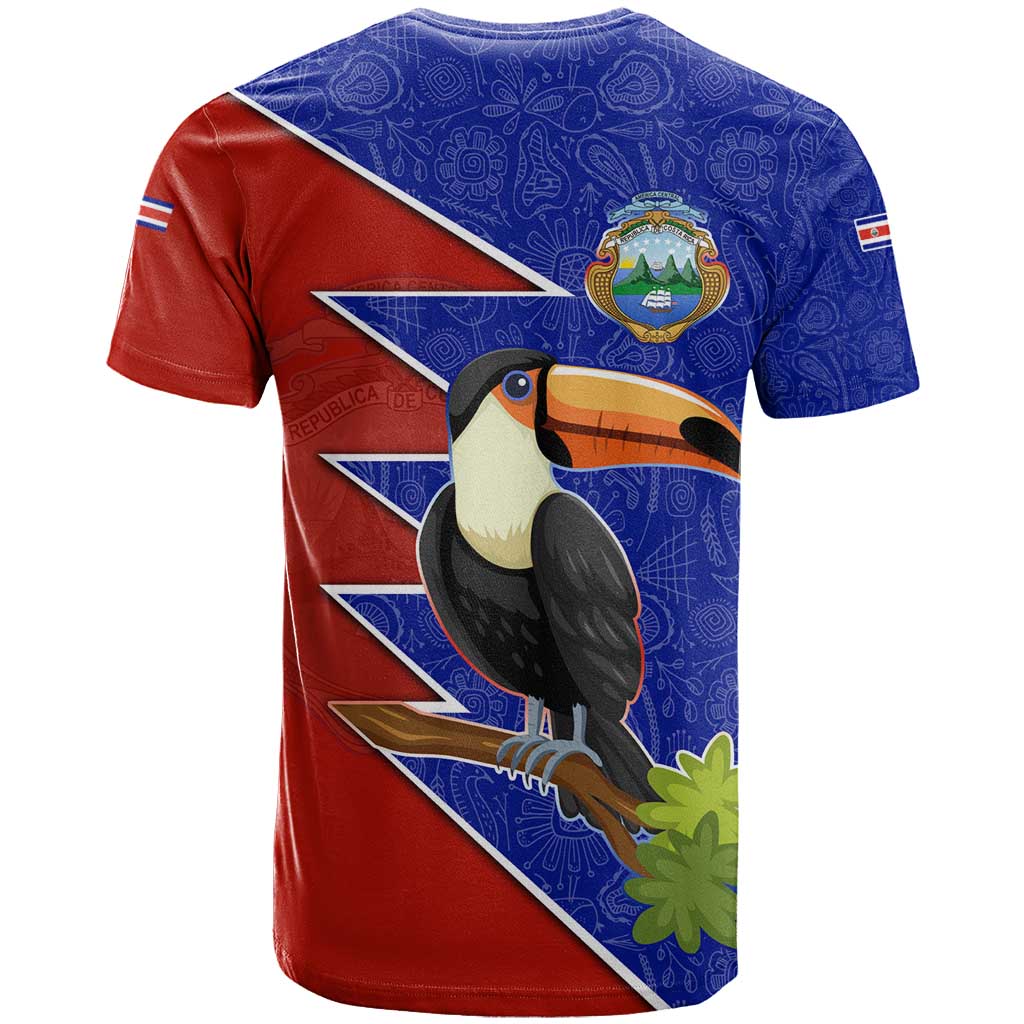 Costa Rica Toucan T-Shirt Red and Blue with National Seal and Tropical Bird Graphic Graphic Tee