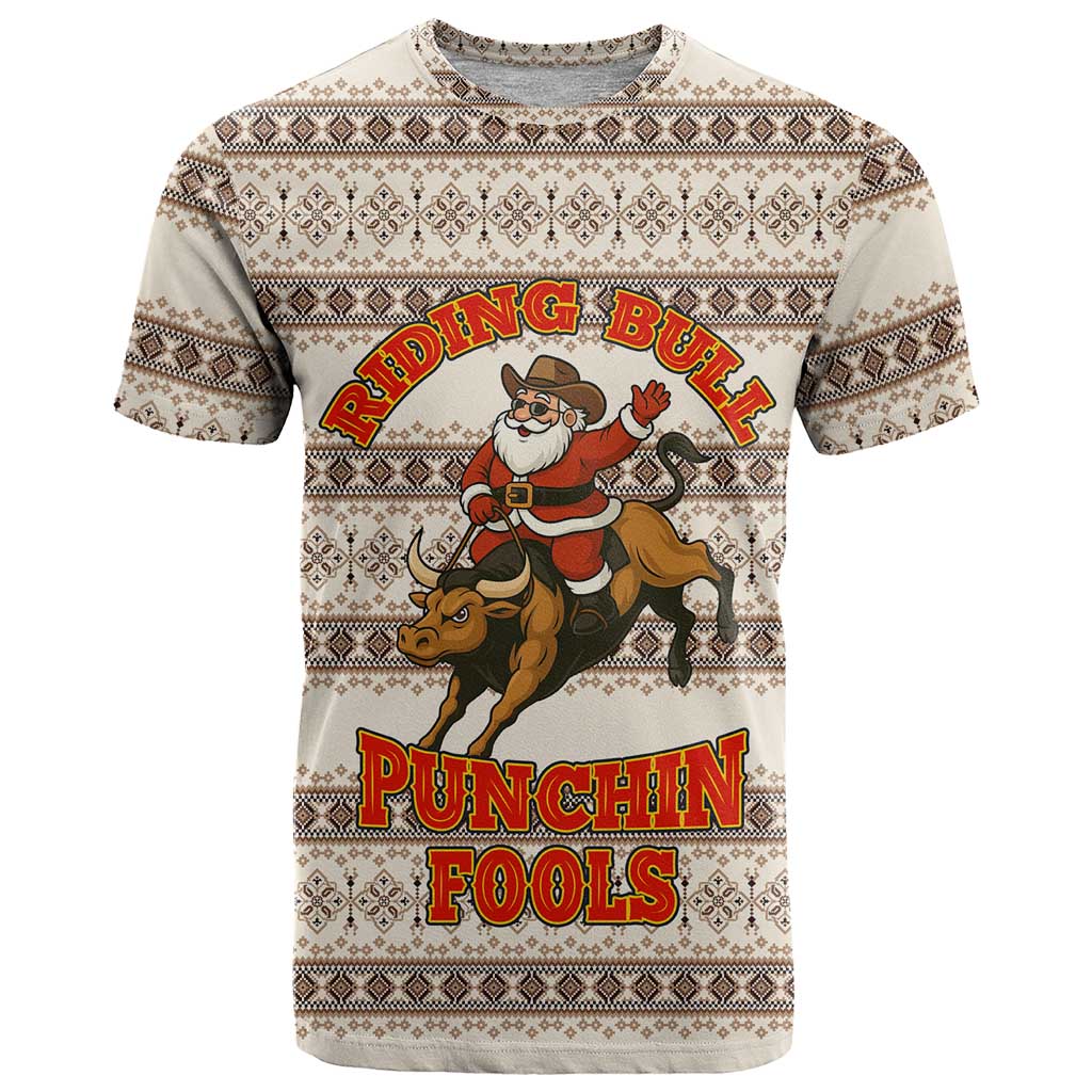 Riding Bulls Punchin Fools Christmas T-Shirt Xmas Holiday Patterns Graphic Tee