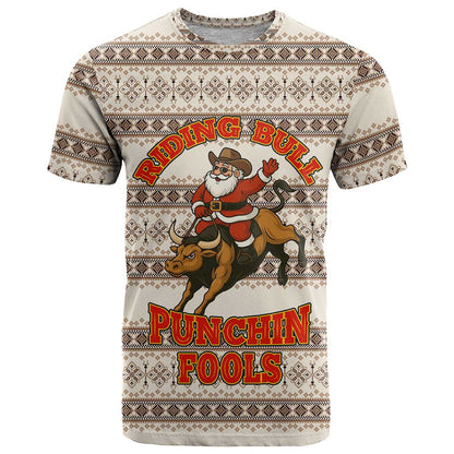 Riding Bulls Punchin Fools Christmas T-Shirt Xmas Holiday Patterns Graphic Tee