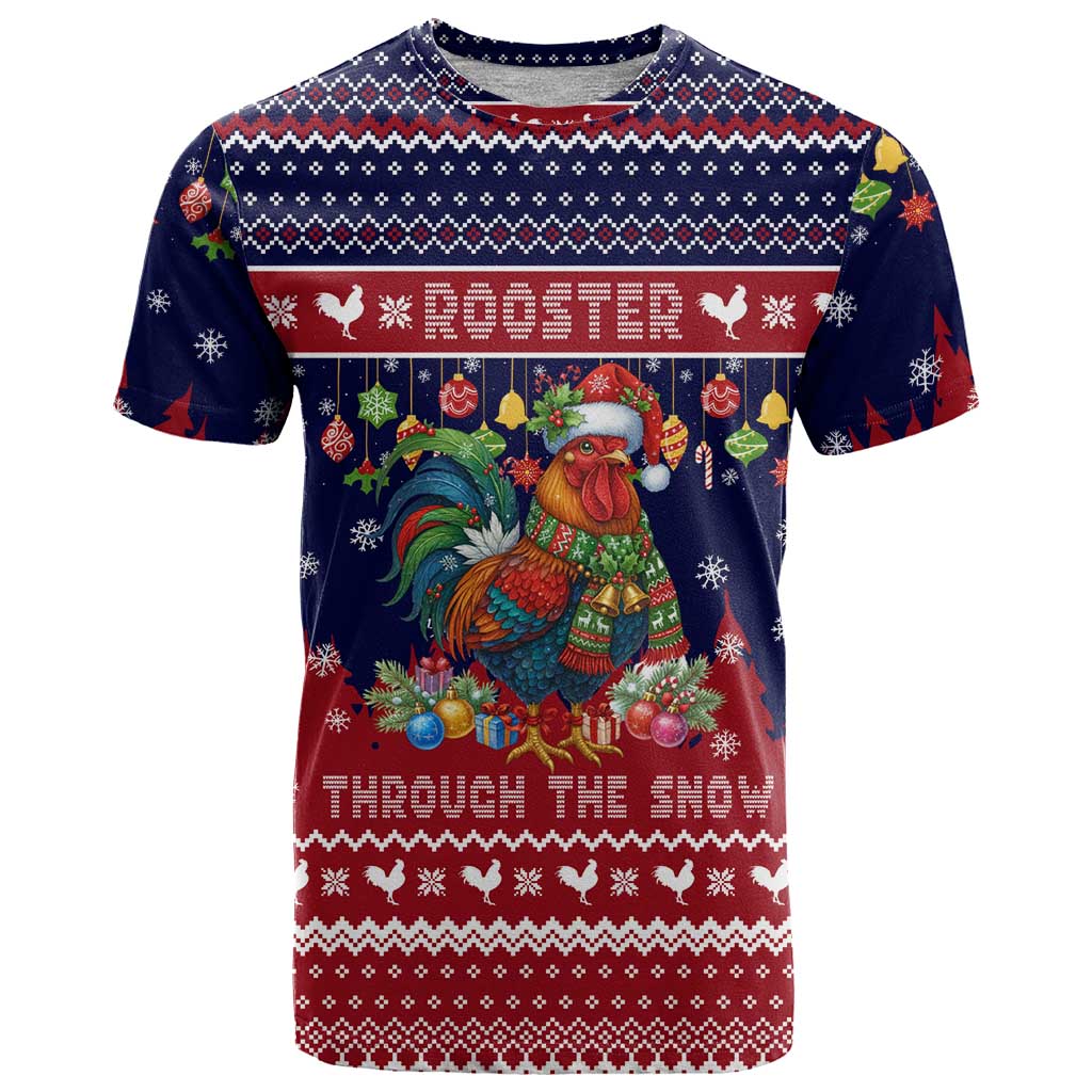 Rooster Through The Snow Christmas T-Shirt Xmas Holiday Patterns Graphic Tee