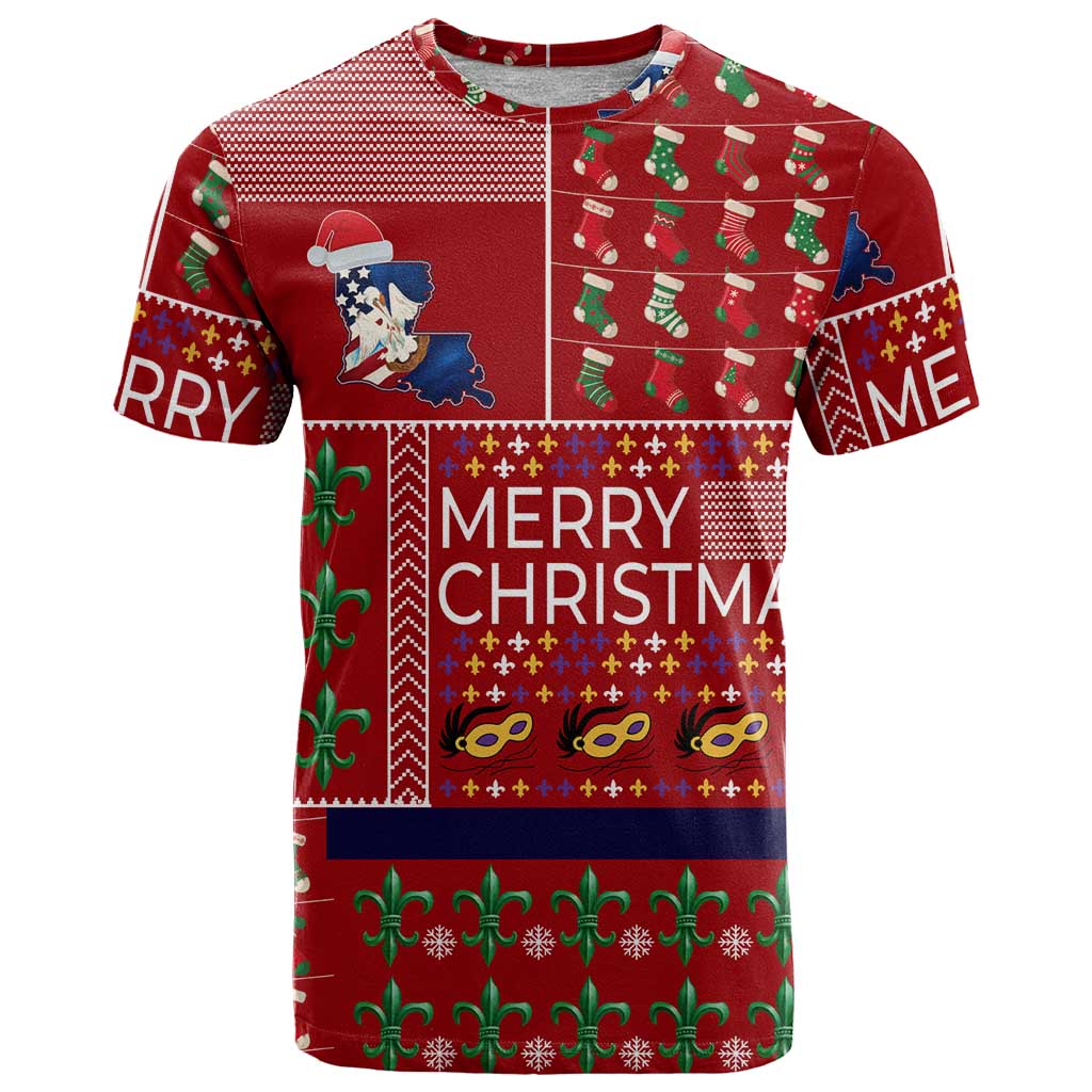 Louisiana Merry Christmas T-Shirt Xmas Holiday Patterns Graphic Tee