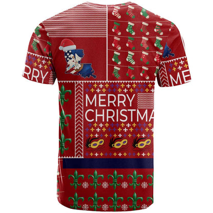 Louisiana Merry Christmas T-Shirt Xmas Holiday Patterns Graphic Tee