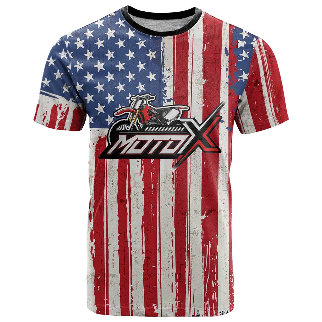 Personalized Motocross Rider T-Shirt with American Flag and Thin Blue Line Pattern Graphic Tee
