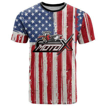 Personalized Motocross Rider T-Shirt with American Flag and Thin Blue Line Pattern Graphic Tee