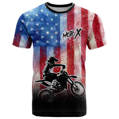 Personalized Motocross Rider T-Shirt with Distressed American Flag in Red White Blue Grunge Style Graphic Tee