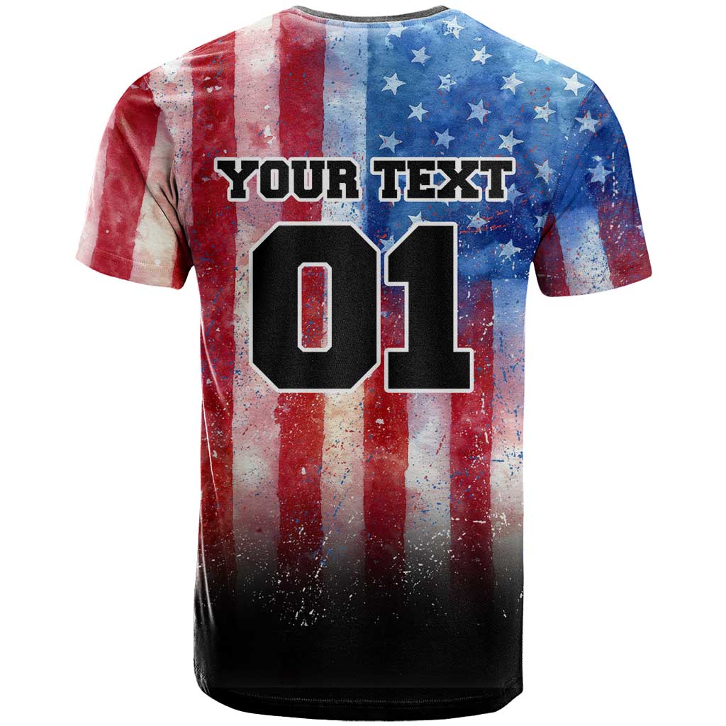 Personalized Motocross Rider T-Shirt with Distressed American Flag in Red White Blue Grunge Style Graphic Tee