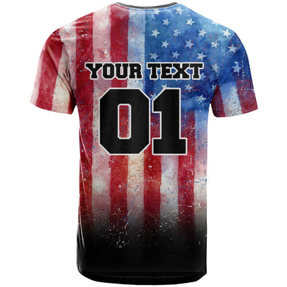 Personalized Motocross Rider T-Shirt with Distressed American Flag in Red White Blue Grunge Style Graphic Tee