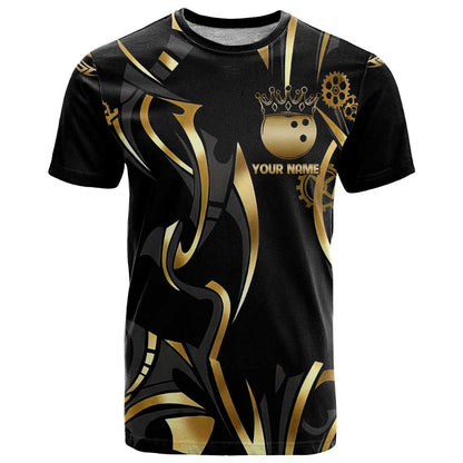 Personalized Golden Tribal Bowling Ball Emblem T-Shirt with Black Abstract Metallic Pattern Graphic Tee