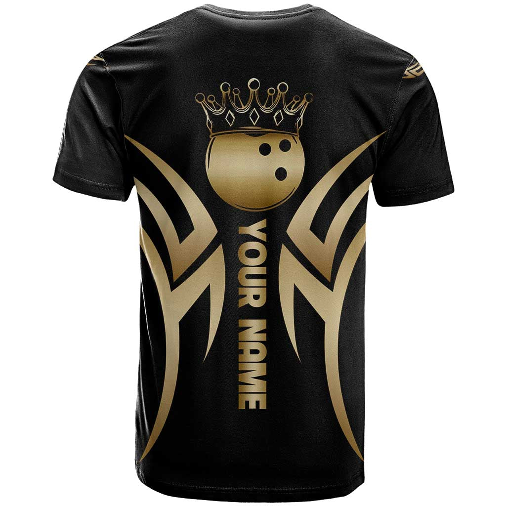Personalized Golden Tribal Bowling Ball Emblem T-Shirt with Black Abstract Metallic Pattern Graphic Tee