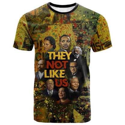 Black History Portrait Collage T-Shirt Africa Empowering They Not Like Us Quote in Grunge Paint Graphic Tee