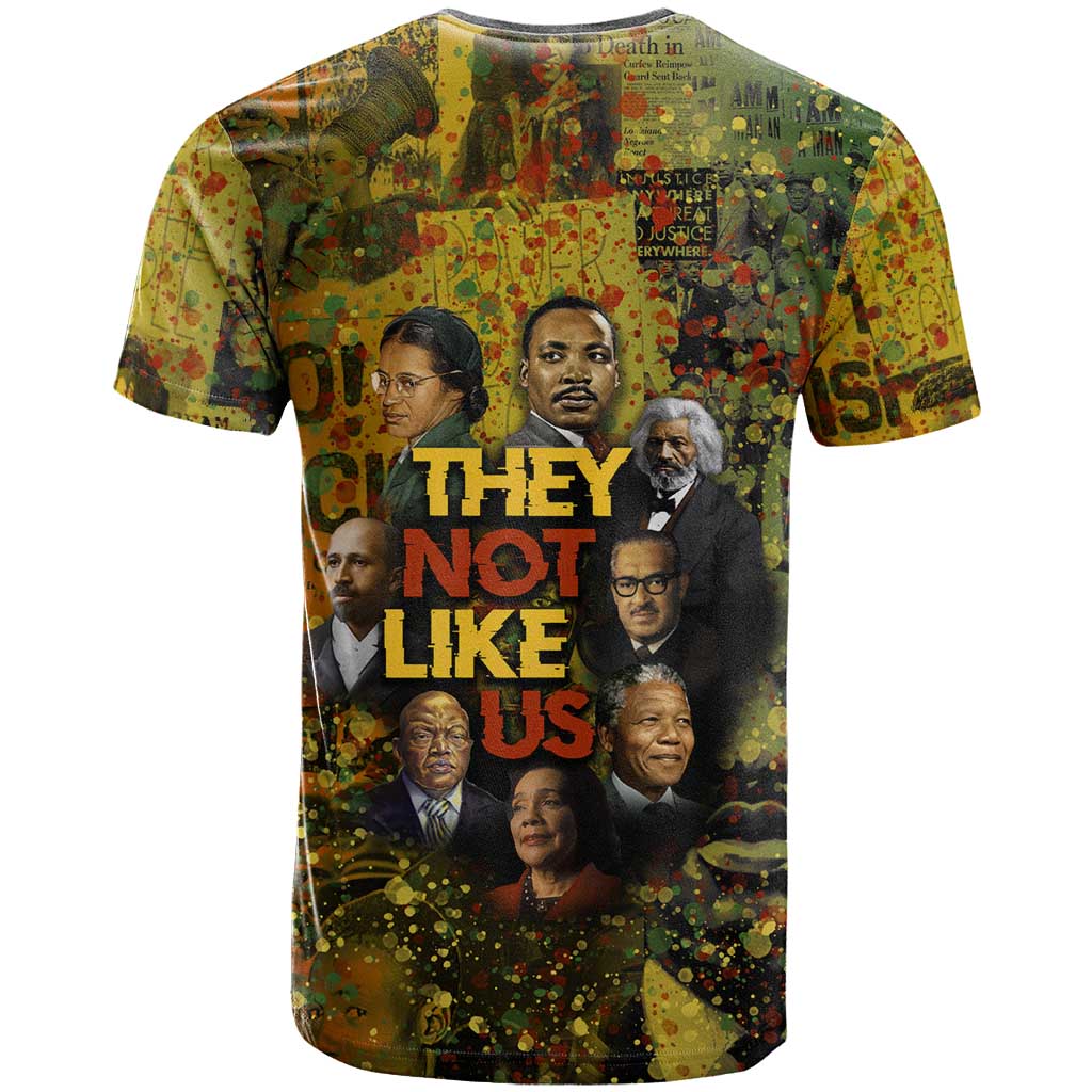 Black History Portrait Collage T-Shirt Africa Empowering They Not Like Us Quote in Grunge Paint Graphic Tee