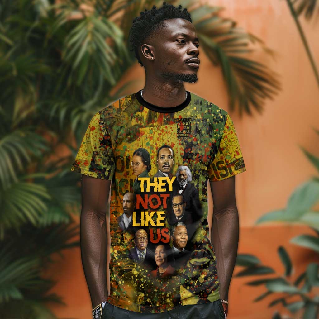 Black History Portrait Collage T-Shirt Africa Empowering They Not Like Us Quote in Grunge Paint Graphic Tee
