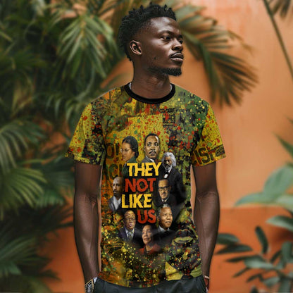 Black History Portrait Collage T-Shirt Africa Empowering They Not Like Us Quote in Grunge Paint Graphic Tee