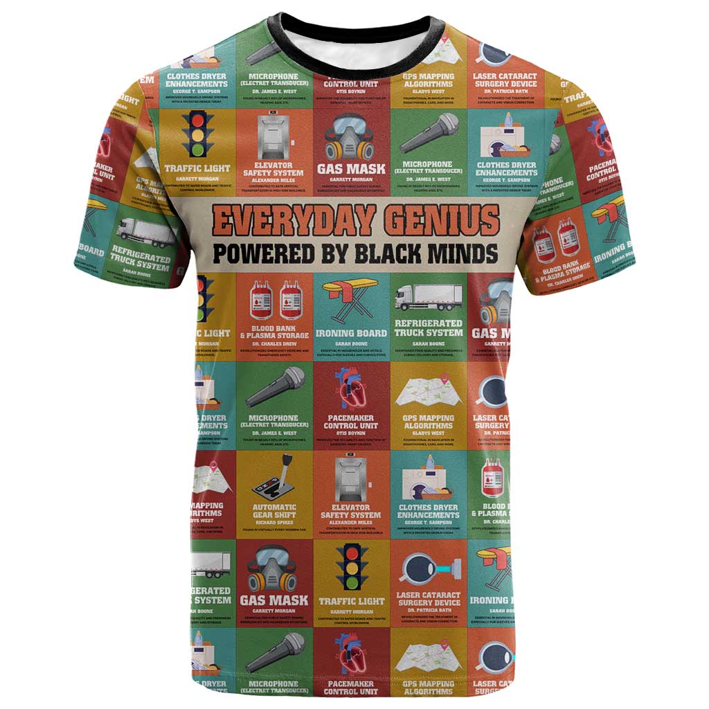 Everyday Genius Powered by Black Minds T-Shirt with Colorful Invention Icons Pattern Graphic Tee