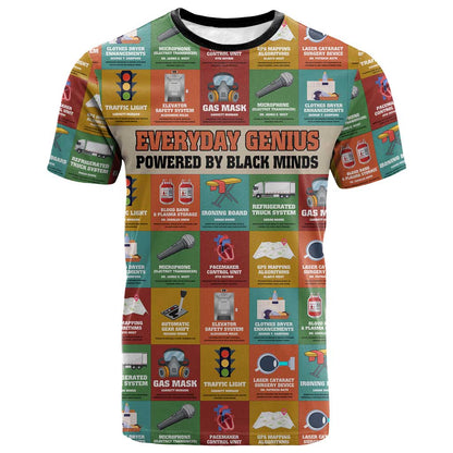 Everyday Genius Powered by Black Minds T-Shirt with Colorful Invention Icons Pattern Graphic Tee