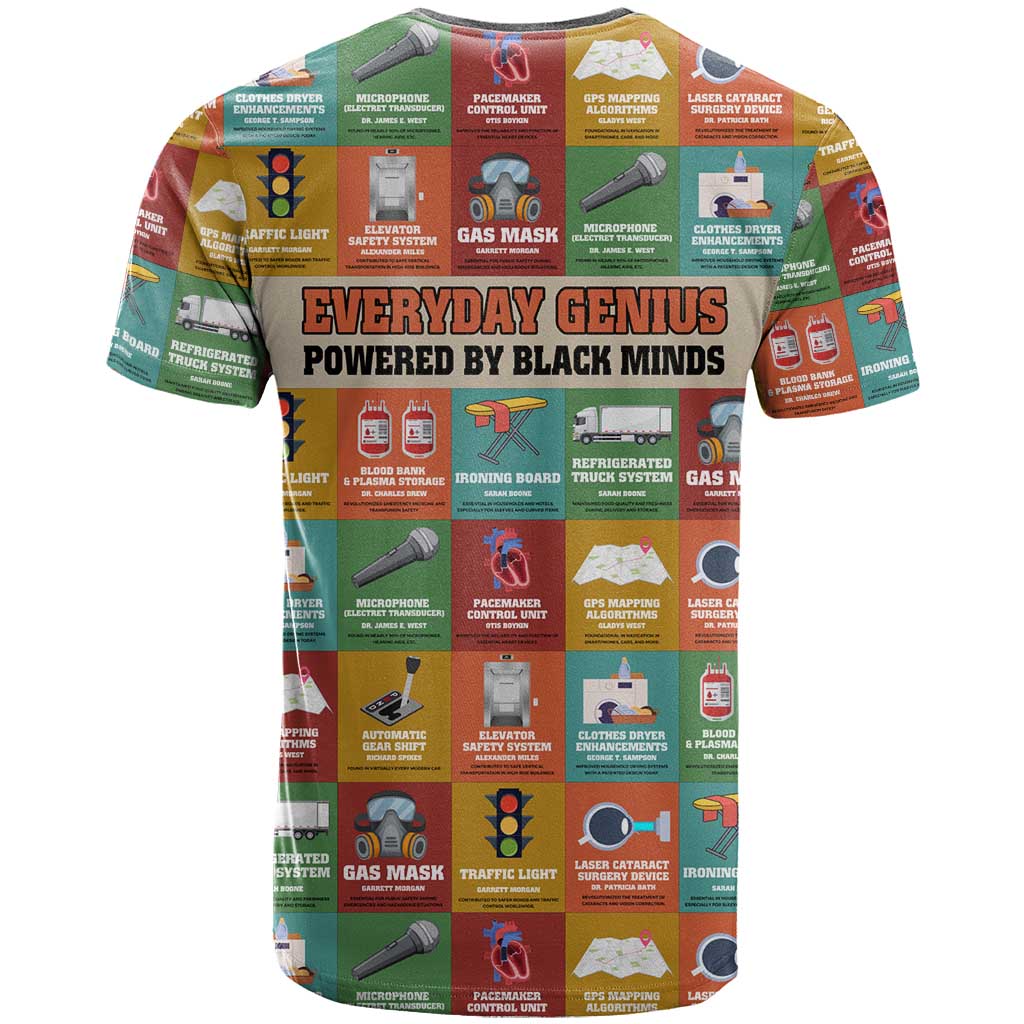Everyday Genius Powered by Black Minds T-Shirt with Colorful Invention Icons Pattern Graphic Tee