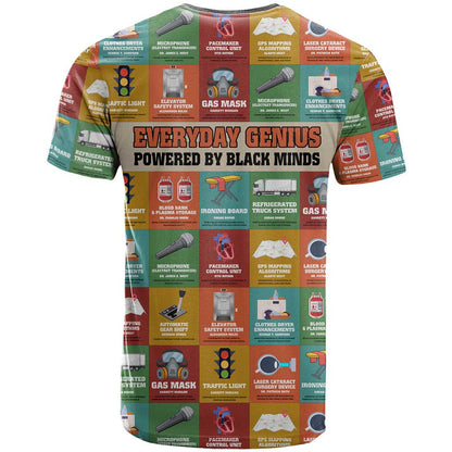 Everyday Genius Powered by Black Minds T-Shirt with Colorful Invention Icons Pattern Graphic Tee