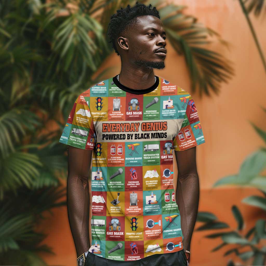 Everyday Genius Powered by Black Minds T-Shirt with Colorful Invention Icons Pattern Graphic Tee