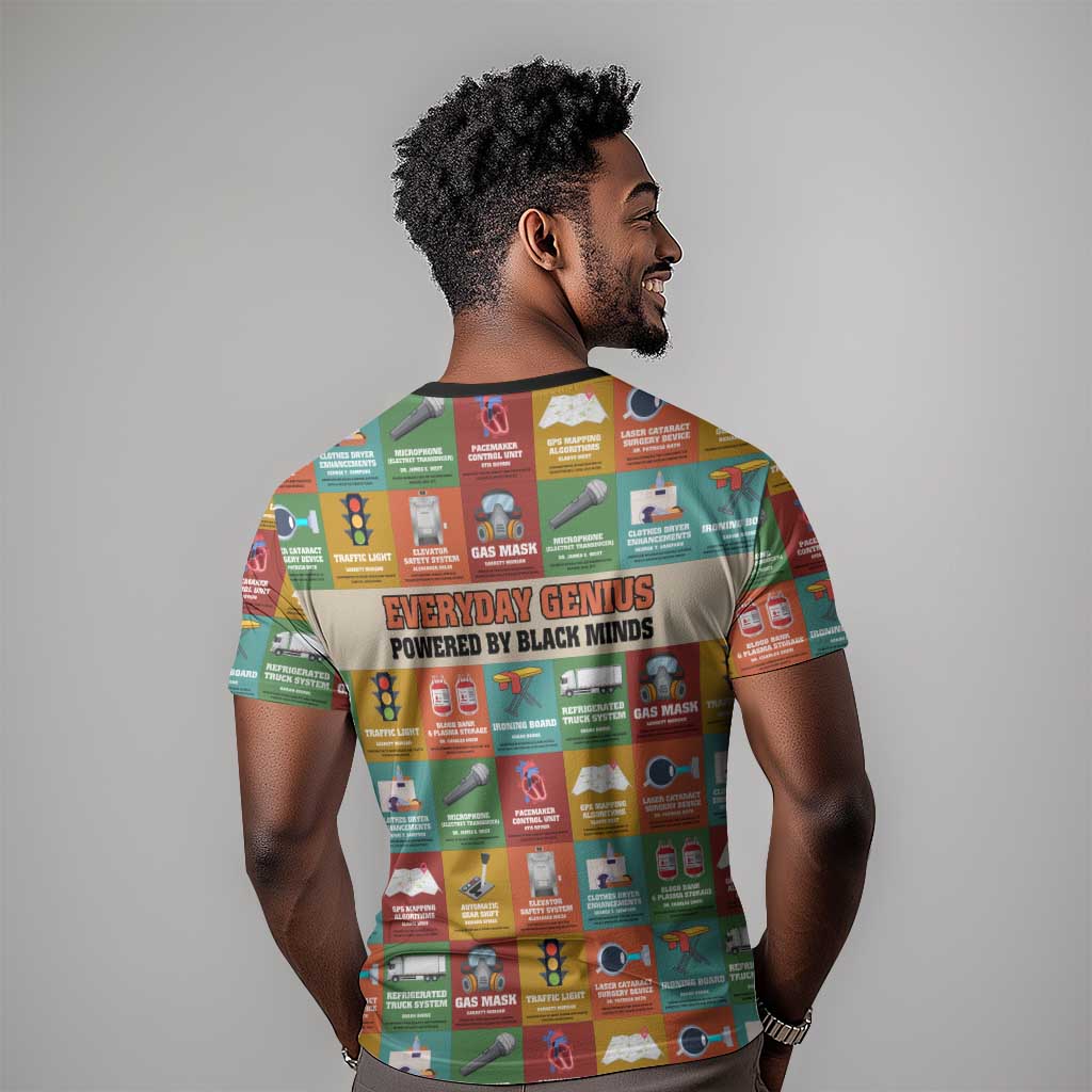 Everyday Genius Powered by Black Minds T-Shirt with Colorful Invention Icons Pattern Graphic Tee