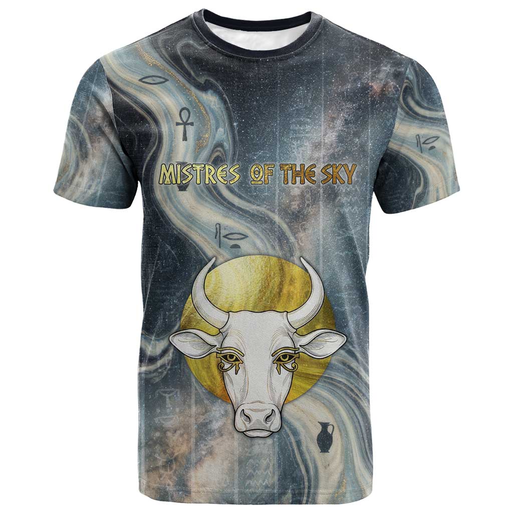 Hesat Celestial Cow Egyptian T-Shirt with Mythic Sky Motif in Cosmic Theme Graphic Tee