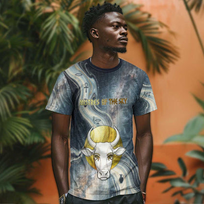 Hesat Celestial Cow Egyptian T-Shirt with Mythic Sky Motif in Cosmic Theme Graphic Tee