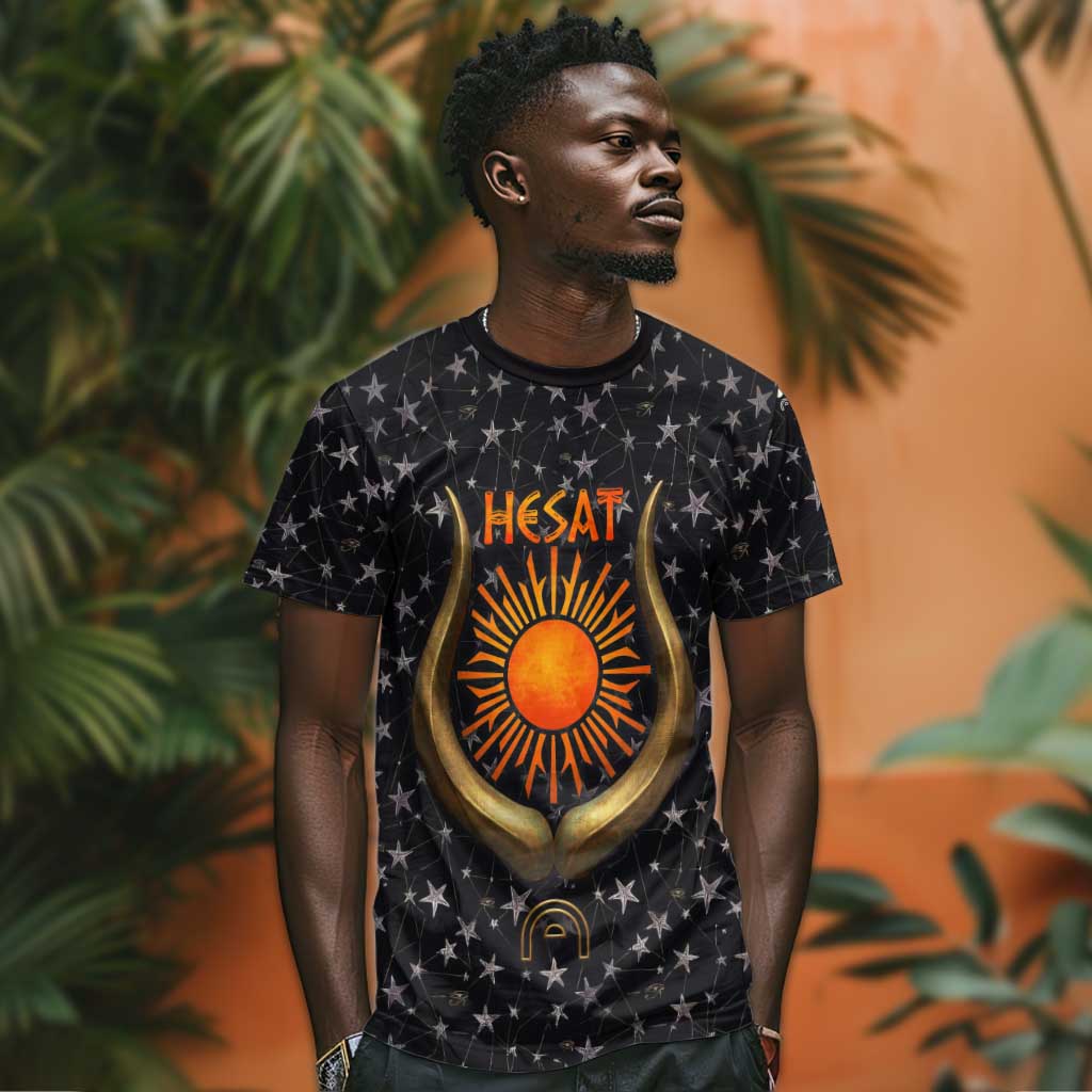 Hesat Solar Horn Symbol T-Shirt Egyptian Cosmic Cow in Starry Milky Way Graphic Tee