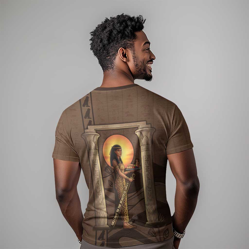 Imenet Sunlit Temple Columns T-Shirt with Ancient Egyptian Offering Scene Graphic Tee