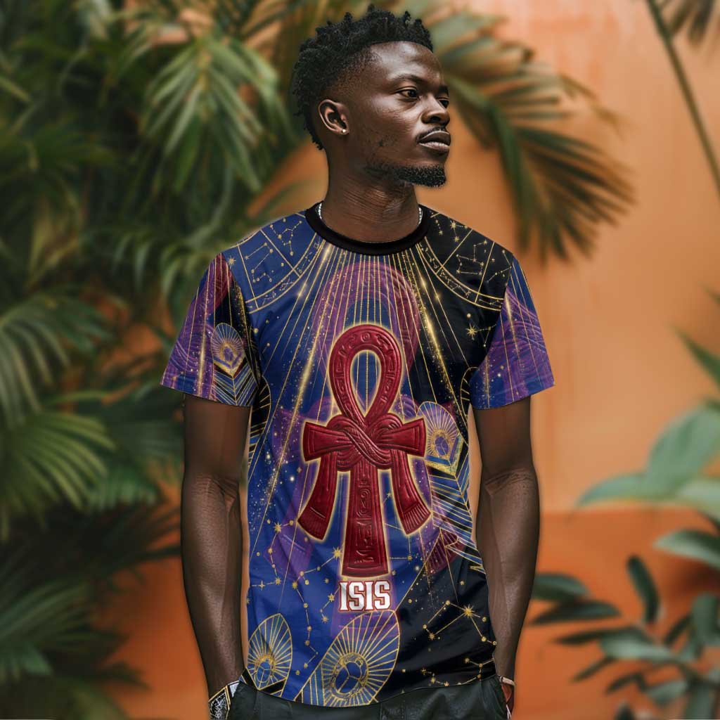 Isis Ankh Symbol T-Shirt with Celestial Wings in Ancient Egyptian Cosmic Graphic Tee