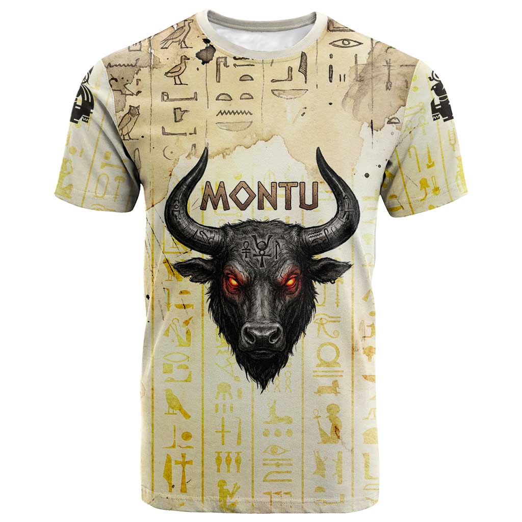 Montu Egyptian T-Shirt War God Mighty Bull Symbol Ancient Power Hieroglyphic Graphic Tee