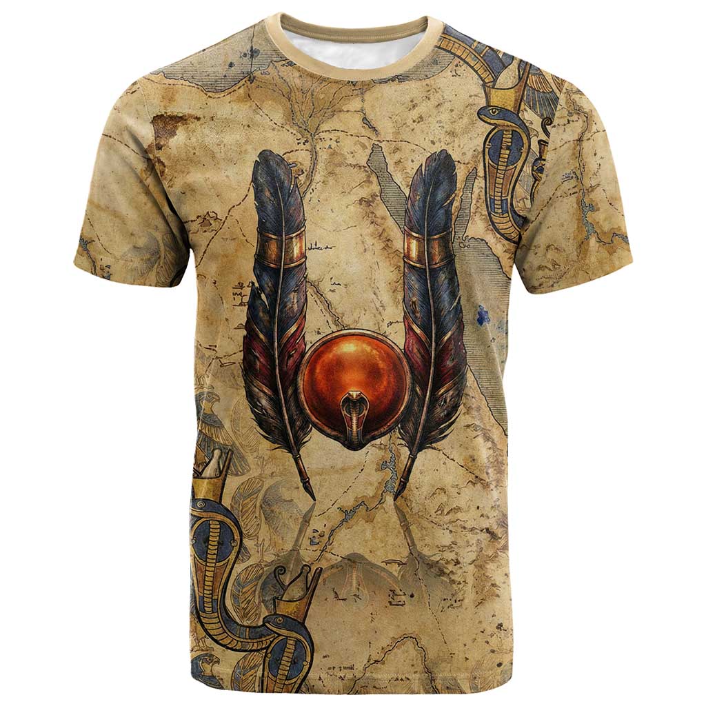 Montu T-Shirt Falcon Head War God Ancient Egyptian Map Feathers and Sun Disk Graphic Tee