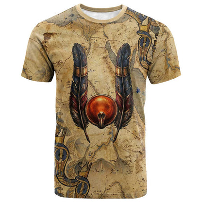 Montu T-Shirt Falcon Head War God Ancient Egyptian Map Feathers and Sun Disk Graphic Tee