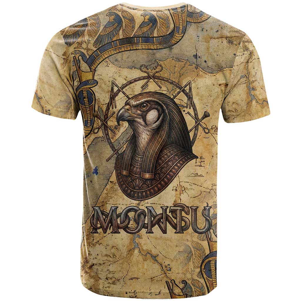 Montu T-Shirt Falcon Head War God Ancient Egyptian Map Feathers and Sun Disk Graphic Tee