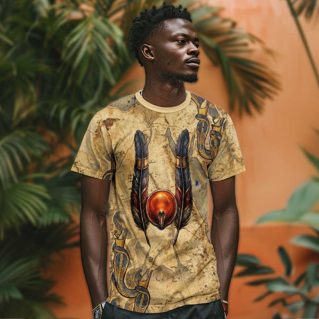 Montu T-Shirt Falcon Head War God Ancient Egyptian Map Feathers and Sun Disk Graphic Tee