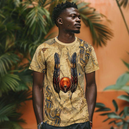 Montu T-Shirt Falcon Head War God Ancient Egyptian Map Feathers and Sun Disk Graphic Tee