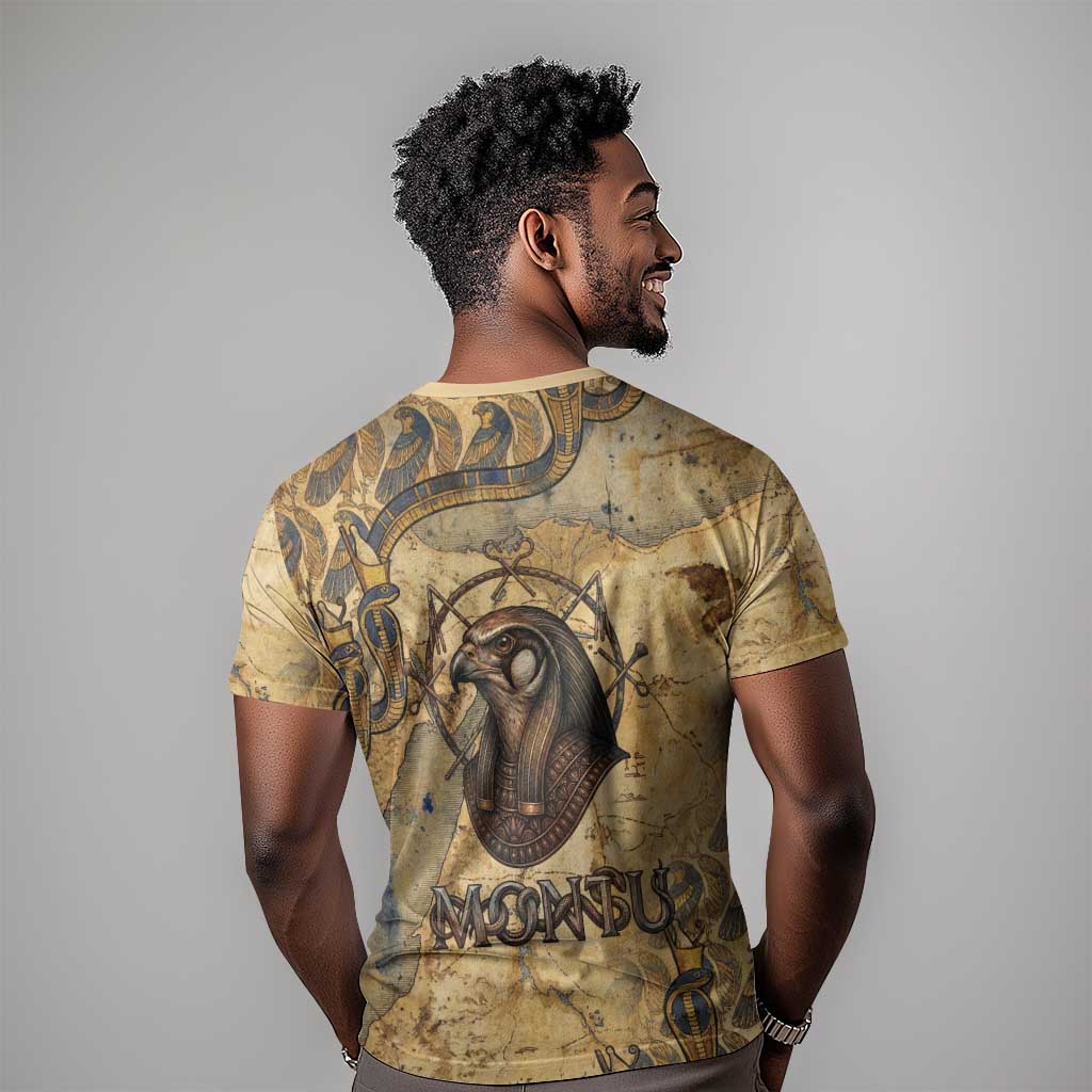 Montu T-Shirt Falcon Head War God Ancient Egyptian Map Feathers and Sun Disk Graphic Tee
