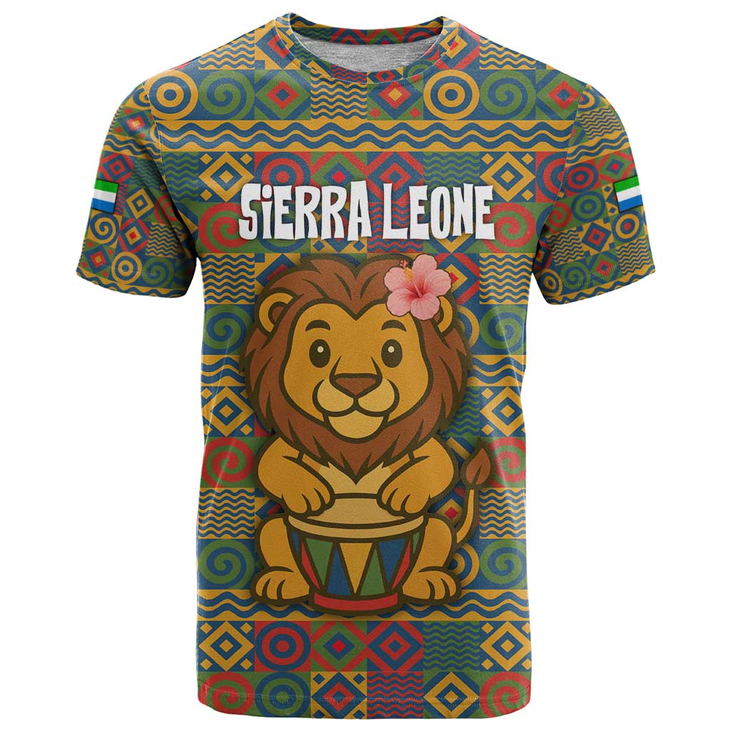 Sierra Leone T-Shirt with Cute Lion Playing Djembe Drum and Tribal Pattern Design Graphic Tee