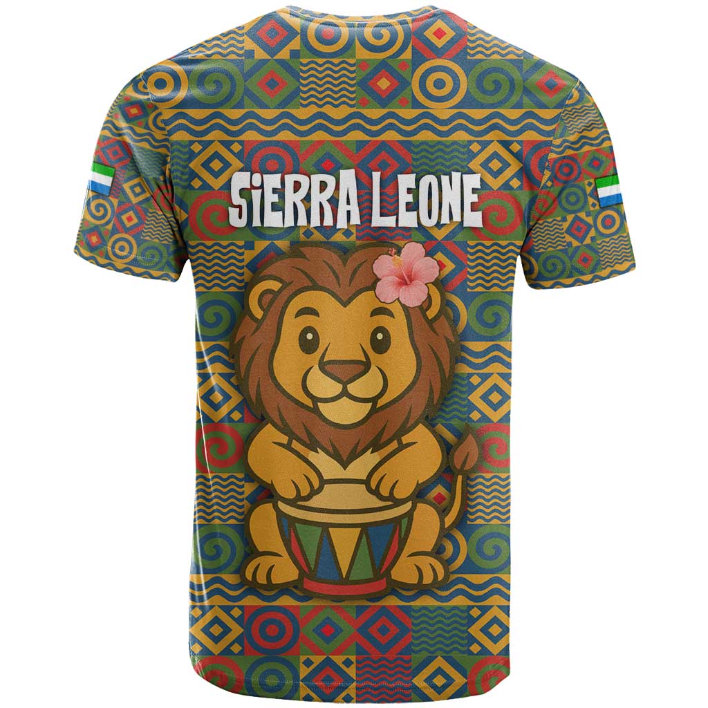 Sierra Leone T-Shirt with Cute Lion Playing Djembe Drum and Tribal Pattern Design Graphic Tee