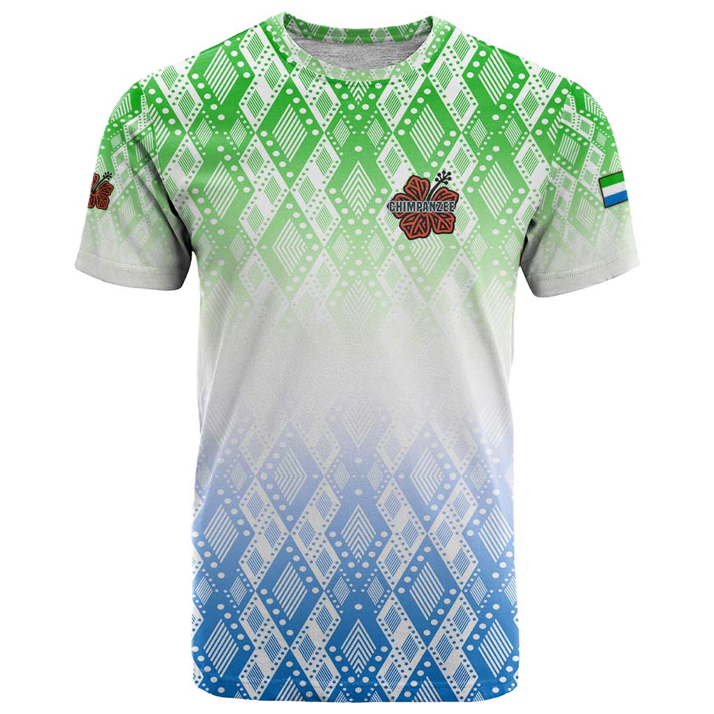 Sierra Leone T-Shirt with Tribal Chimpanzee Design and Green Blue Gradient Pattern Graphic Tee