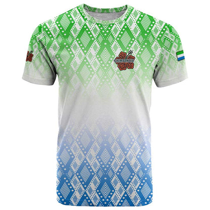 Sierra Leone T-Shirt with Tribal Chimpanzee Design and Green Blue Gradient Pattern Graphic Tee