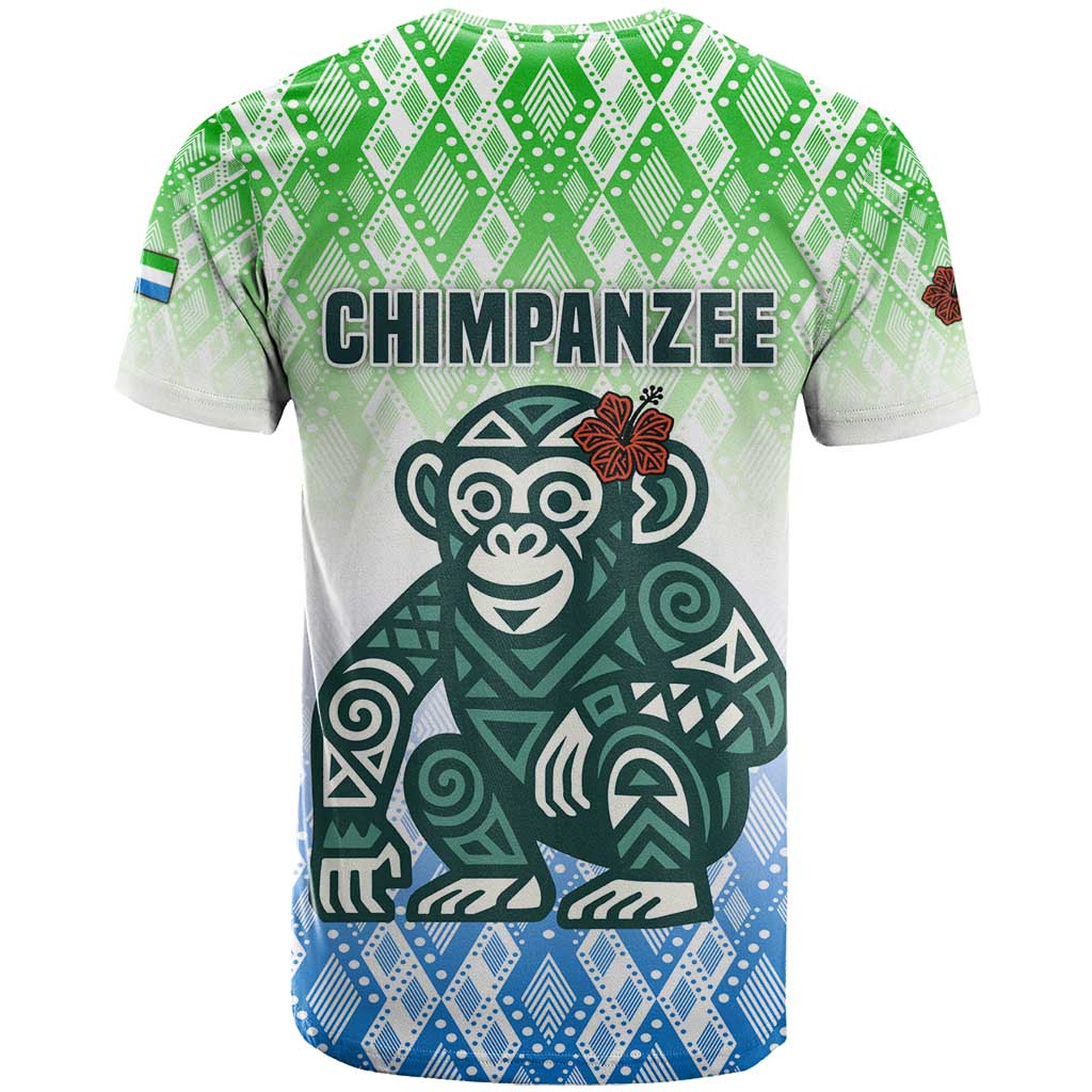 Sierra Leone T-Shirt with Tribal Chimpanzee Design and Green Blue Gradient Pattern Graphic Tee