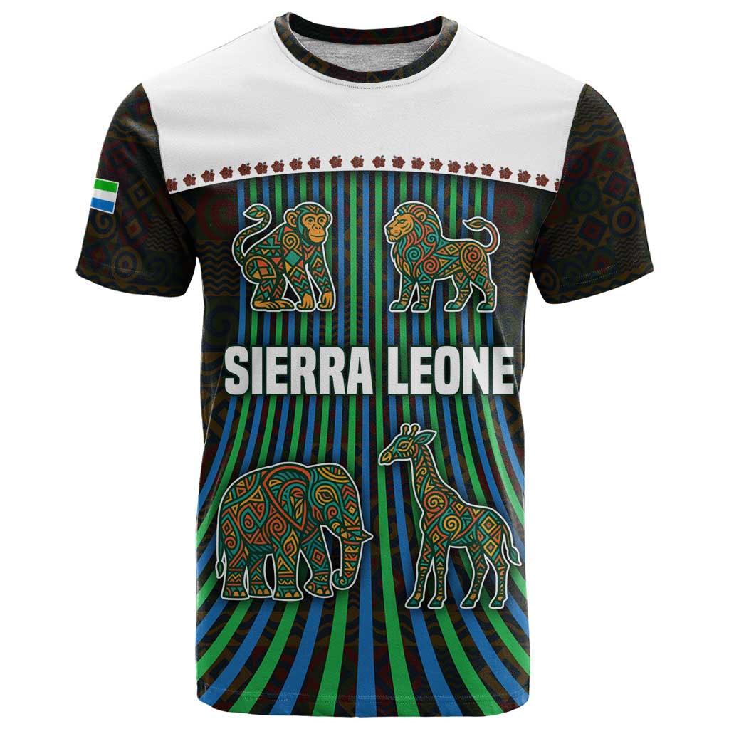 Sierra Leone T-Shirt with Tribal Animal Pattern Featuring Lion Elephant Giraffe and Monkey Graphic Tee