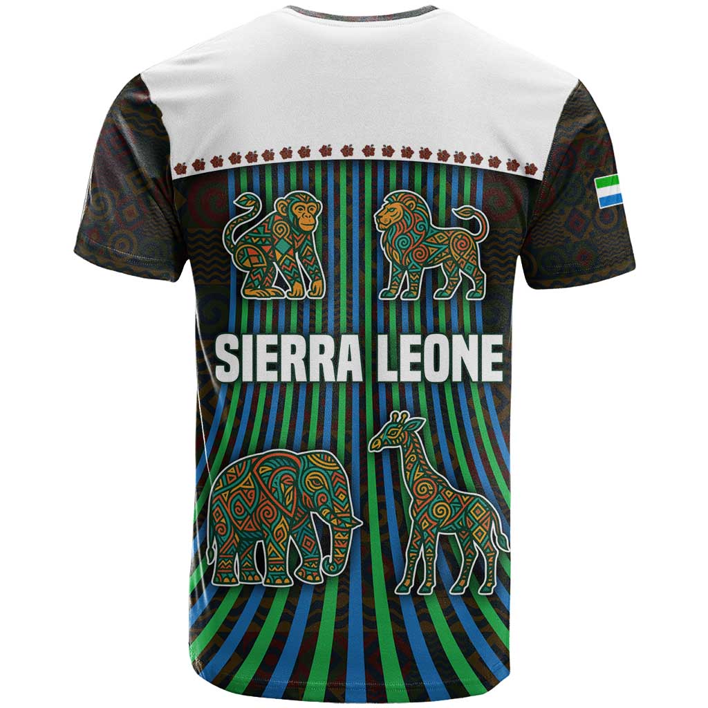 Sierra Leone T-Shirt with Tribal Animal Pattern Featuring Lion Elephant Giraffe and Monkey Graphic Tee