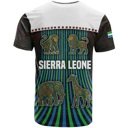 Sierra Leone T-Shirt with Tribal Animal Pattern Featuring Lion Elephant Giraffe and Monkey Graphic Tee