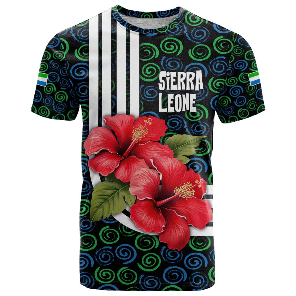 Sierra Leone T-Shirt with Red Hibiscus Floral Design and Tribal Swirl Pattern Graphic Tee