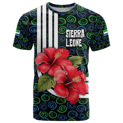 Sierra Leone T-Shirt with Red Hibiscus Floral Design and Tribal Swirl Pattern Graphic Tee