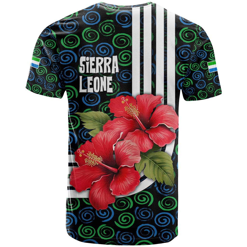 Sierra Leone T-Shirt with Red Hibiscus Floral Design and Tribal Swirl Pattern Graphic Tee