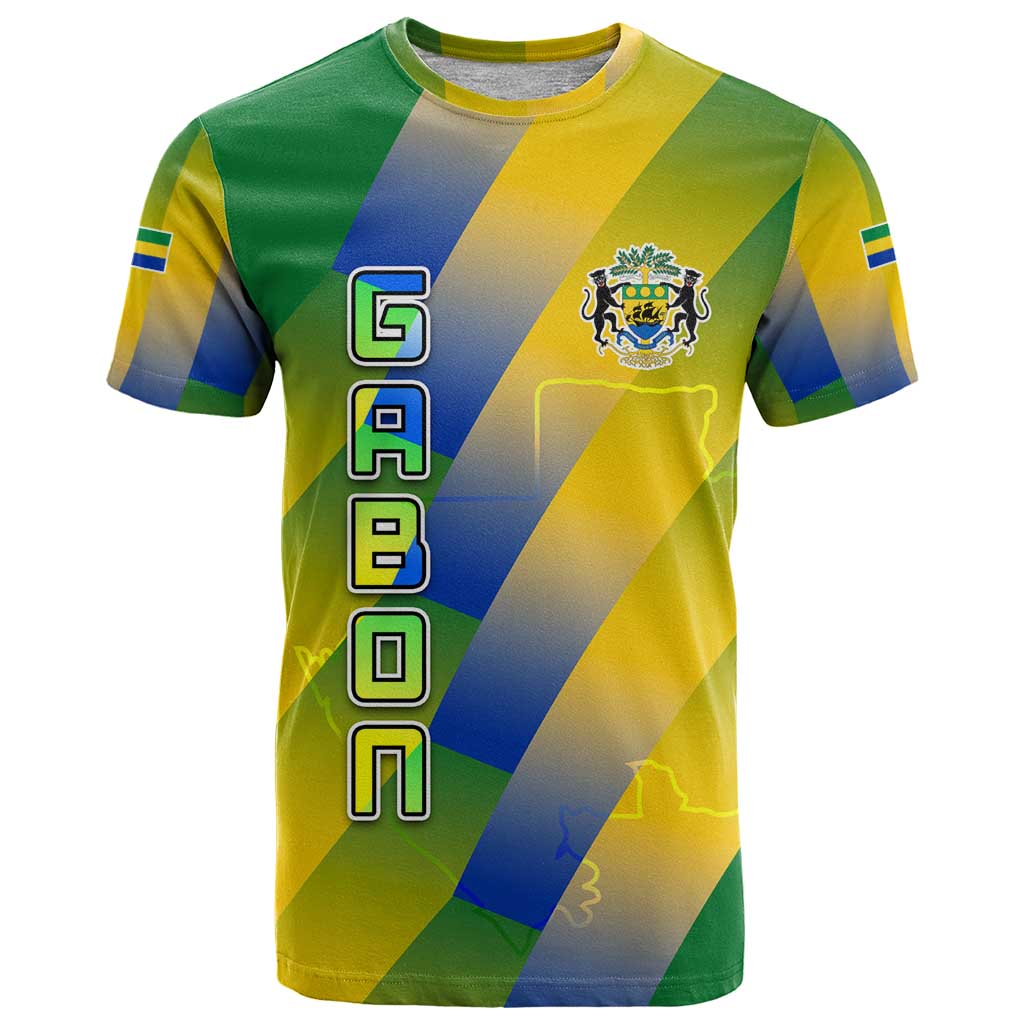 Gabon Flag Colors T-Shirt with National Coat of Arms and Vertical Text Design Graphic Tee