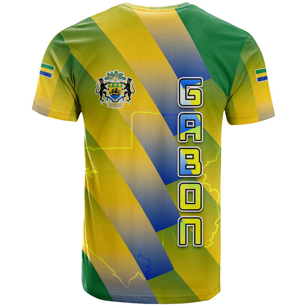 Gabon Flag Colors T-Shirt with National Coat of Arms and Vertical Text Design Graphic Tee