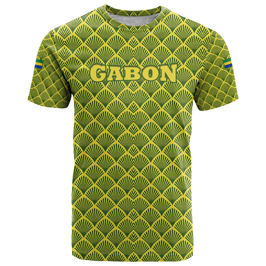 Gabon Tribal Pattern T-Shirt with National Flag Colors and Bold Text Design Graphic Tee