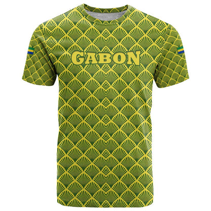 Gabon Tribal Pattern T-Shirt with National Flag Colors and Bold Text Design Graphic Tee
